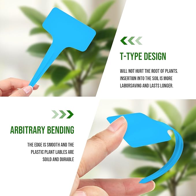 Plant Labels 200 Pcs Yuanling T-Type Plastic Garden Tags Waterproof Plant Sign Stakes Nursery Garden Makers for Seedlings Flower Vegetables Herb Potted Belt Permanet Marker Pen (Blue)