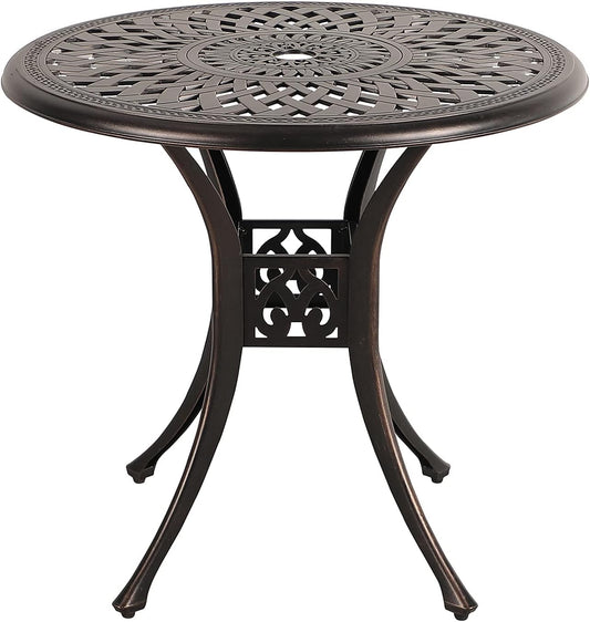 COBANA Patio Bistro Table, 31’’ Round Cast Aluminum Outdoor Dining Retro Side Table with 2’’ Umbrella Hole, Bronze