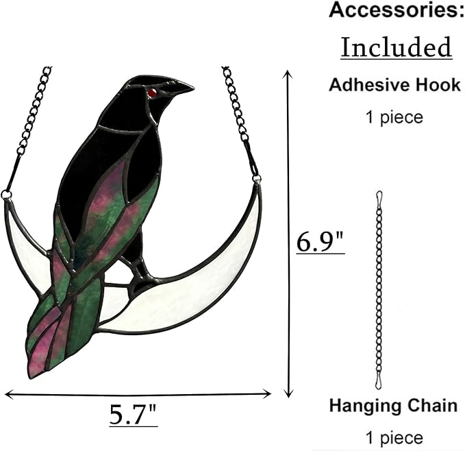 Stained Glass Crow on Moon Decor Window Hangings Ornament, Gothic Raven Suncatcher Halloween Decorations, Handmade Crow Birds Gifts Sun Catchers Indoor Window Home Decor.