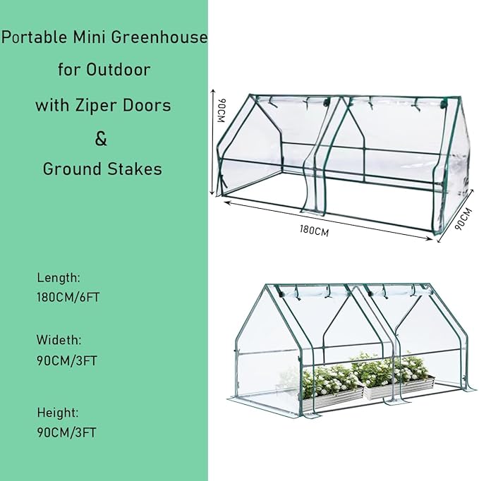 Mini Greenhouse, 6' x 3' x 3' Portable Greenhouse with Zip Door and Roll-up Windows, Indoor Outdoor Plant Gardening Green House, Durable PE Clear Cover Small Hot Houses for Flower, Vegetables