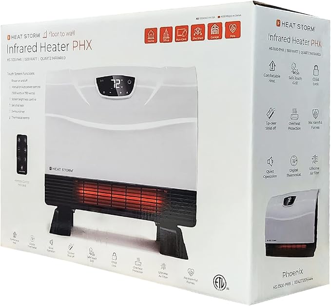 Heat Storm Phoenix Infrared Space Heater with Attachable Feet, Remote Control, Energy Efficient-750-1500 Watts, White Floor or Wall - HS-1500-PHX