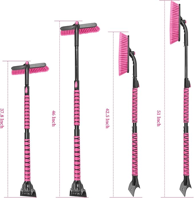 HEEYA 51 Inch Snow Brush for Trucks, Extendable Long Handle Ice Scraper with Brush with Foam Grip, SUV Heavy Duty Snow Brush with Ice Scraper for Car Auto Jeep RV Vehicle Windshield Window - Pink
