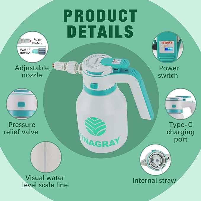 2L/0.5Gallon Electric Foam Sprayer - Rechargeable Car Foam Sprayer with 2 Nozzles, Type-C Charging, 1hour Runtime for Car Wash, Gardening & Home Cleaning