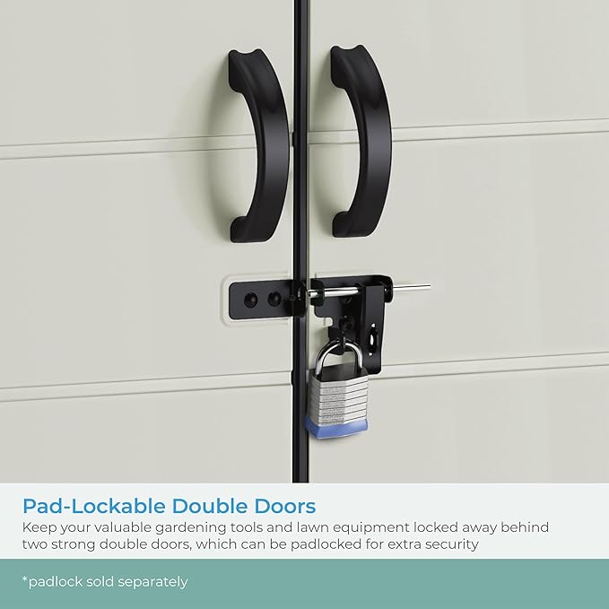 Suncast Extra-Large Vertical Storage Shed for Yard Storage, All-Weather Outdoor Storage Shed with 2 Lockable Doors, 70.5" W x 44.25" D x 77.5" H, Peppercorn, Made in The USA