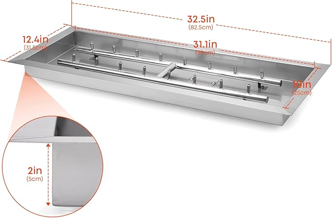 Stanbroil 30 x 10 Inch Upgrade Rectangle Fire Pit Pan with Jet Burner,304 Stainless Steel Natural & Propane Gas Firepits for Outside,High Flame,125,000 BTU Max