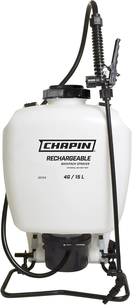 Chapin International 60124 4-Gallon 20V Internal Battery Rechargeable Backpack Sprayer, Made in The USA, 1-Pack, Translucent White