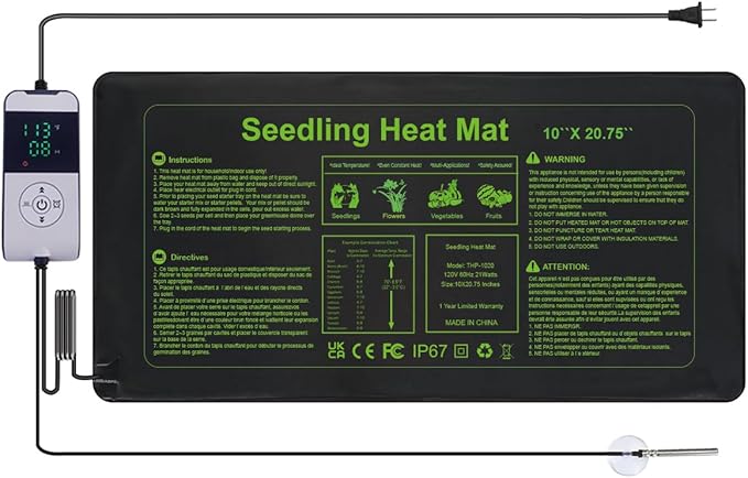 Seedling Heat Mat 10X20.75`` with Thermostat Temperature Controller Auto Off Timer Durable Waterproof Plant Heating Pad Warm Hydroponic Heating Mat for Seed Starting Germination Plant Propagation (1)