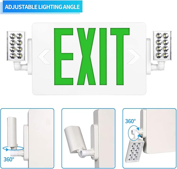 Spectsun 6 Packs Exit Signs with Emergency Lights,120-277VAC -LED Combo Emergency Light with Backup Battery-Double Face UL Listed Green Letter Exit Sign Lighting-Hard Wired-Fire Resistant