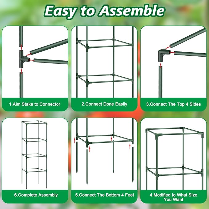 6Pack Tomato Cage, 57*15.4*15.4 Inches Garden Tomato Cages Plant Support Square Pole, Heavy Duty Steel Plant Tower Stakes,Cherry Tomato Trellis Cucumber for Climbing Vegetables Flowers Fruits-Green