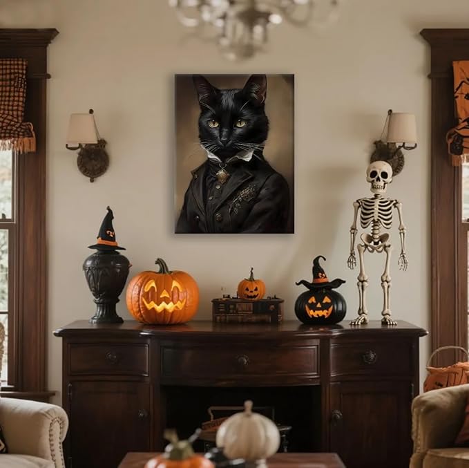 Jatinoo Black Cat Wall Art Framed Canvas - Gothic Home Decor, 16x24 Inch Vintage Print for Dark Academia, Moody Witchy Halloween Decor, Aesthetic Room Poster & Cat Lover Gift