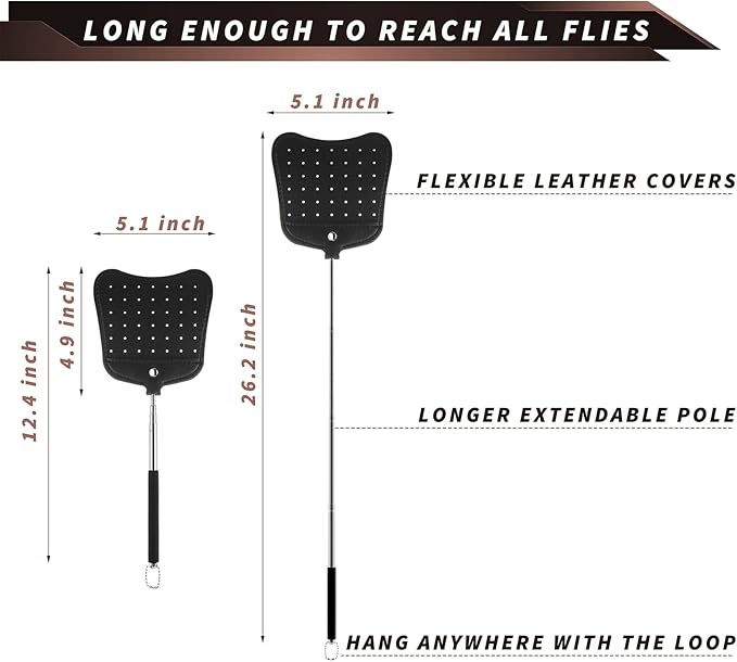 Foxany Leather Fly Swatter, Telescopic Heavy Duty Fly Swatters, Flexible Manual Flyswatters Set, Extendable Swatter with Stainless Steel Long Handle for Indoor Outdoor
