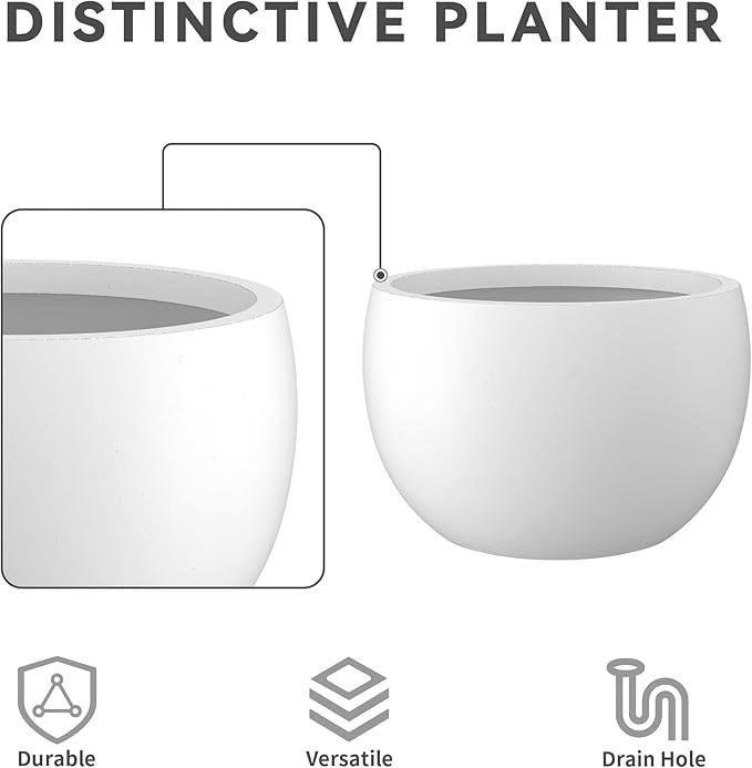 Kante 19.9" Dia Round Concrete Planter, Outdoor/Indoor Large Bowl Plant Pots with Drainage Hole and Rubber Plug for Garden Patio Balcony Home, Pure White