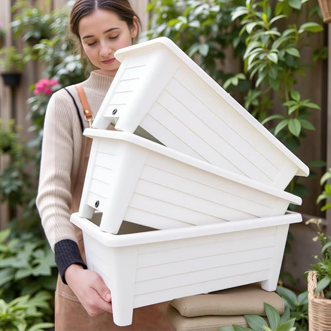 FAMZ Self Watering Planters Pots for Indoor Plants, 3 Pack 18.9 Inch Plastic Window Boxes Planters Herb Planter, Rectangle Rectangular Planter Windowsill Planters with Drainage and Saucer (White)