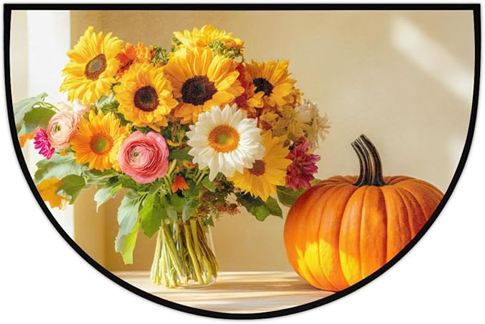 cfpolar Fall Non-Slip Soft Half Round Door Mat, Pumpkin Sunflower Semicircle Mat for Indoor Entrance Garage Bath Living Room Patio 24 x 36 in