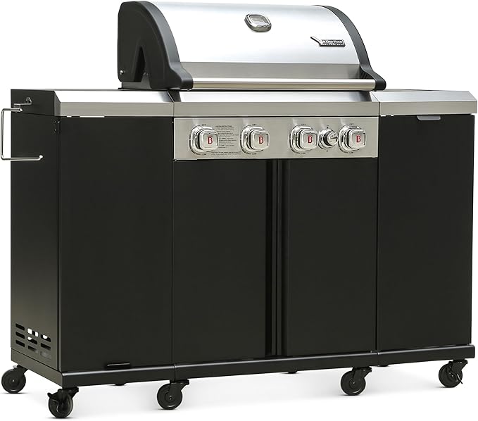 Brand-Man 4-Burner Gas Outdoor Kitchen Grill Island with Side Burner - 44,000 BTU Stainless Steel BBQ Grill Station with Storage Cabinets, Fold-out Prep Table, LPG/NG Convertible, Black