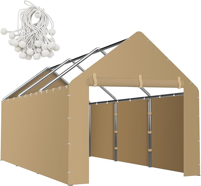 Carport Canopy Sidewalls for 10'x20'x9.35' Carport with Ball Bungee Cords, Replacement Covers Canopy Walls for Car Tent Garage(Sidewalls Only) (Khaki)