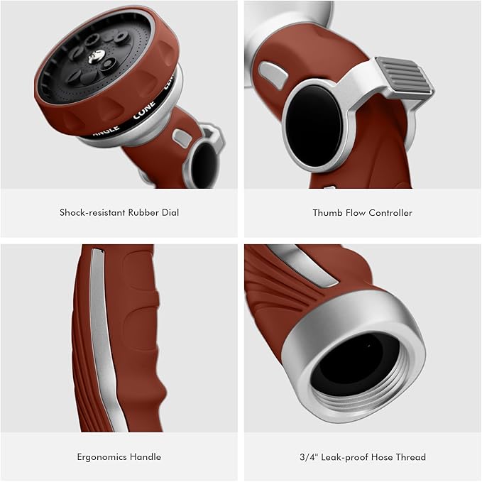 RESTMO Hose Nozzle Heavy Duty, Metal Water Hose Sprayer for Garden, 9 Spray Patterns | High Pressure | Thumb Flow Control | On/Off Valve, Ideal for Lawn & Plant Watering, Car & Pet Washing, Red