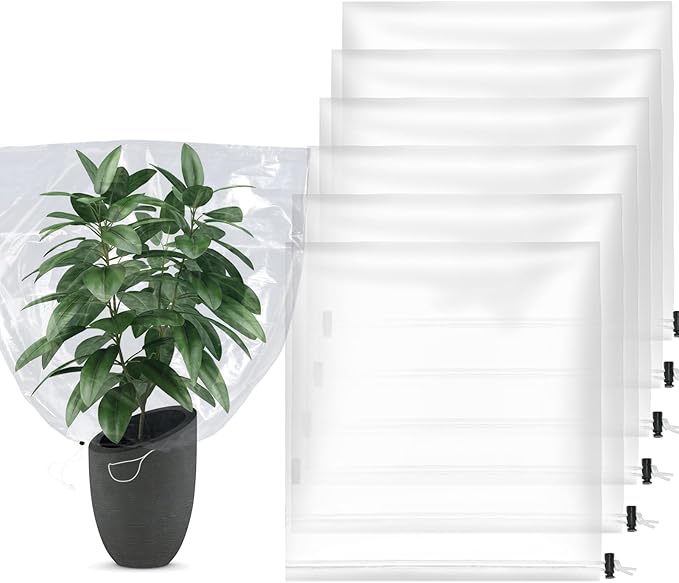 6 Pcs Winter Plant Cover Freeze Protection - 39.3" x 39.3" Plastic Plant Frost Bags with Drawstring, Transparent Waterproof Plant Shelter Coverings for Outdoors Garden Plants Shrubs Sapling Bushes