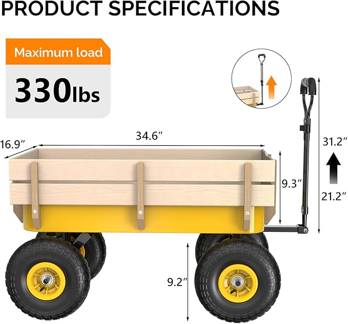 VINGLI Steel Garden Wagon Cart on Wheels, 330lb Load Capacity, Removable Heavy Duty Wooden Side Panels, with Extendable Handle and 10inch All-Terrain Tires, Wheelbarrow for Yard Landscaping (Yellow)