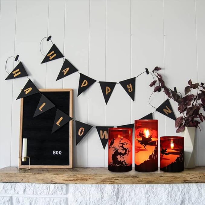 DRomance Witch Glass Flameless Candles with Remote and Timer, Battery Operated Realistic 3D Wick Flickering Real Wax LED Candles Halloween Window Table Holiday Dinner Decor Gifts(3 x 4,5,6 Inches)