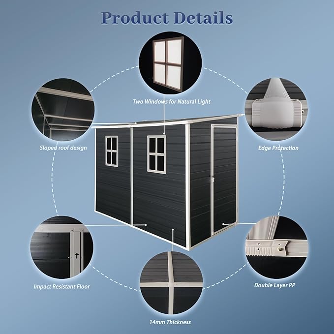 4x8 FT Lean to Shed, Resin Storage Sheds Outdoor with Floor, Plastic Sheds & Outdoor Storage Clearance with 2 Windows, Backyard Storage Sheds for Garden Tools, Bicycle, Gift for Dad