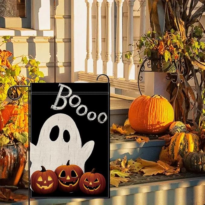 Halloween Garden Flag 12x18 Inch Double Sided, Boo Ghost Pumpkin Yard flag, Spooky Outdoor Halloween Party Decoration for Porch, Patio, Lawn, Garden, Indoor & Outdoor Décor