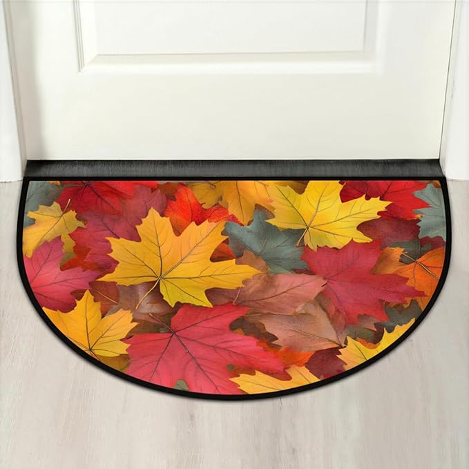 cfpolar Fall Non-Slip Soft Half Round Door Mat, Autumn Bright Maple Leaves Semicircle Mat for Indoor Entrance Garage Bath Living Room Patio 24 x 36 in