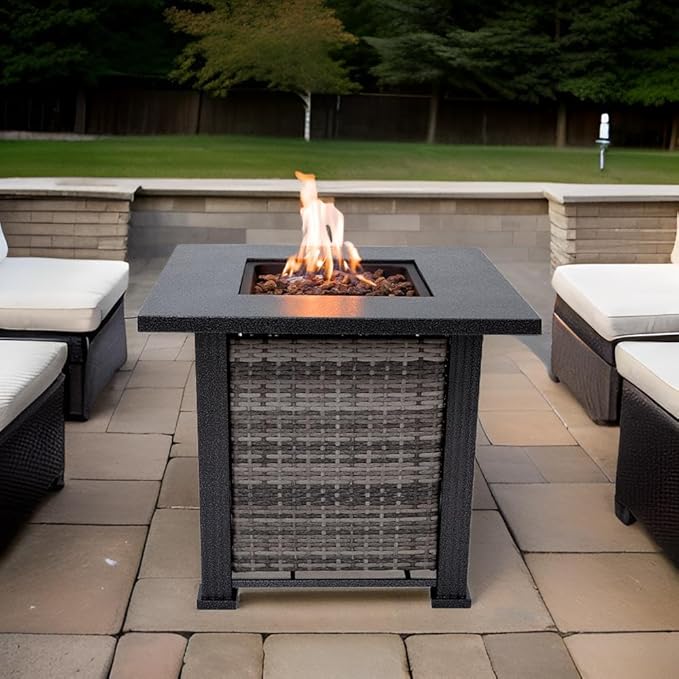 Adana Propane Fire Pit Table 28” Outdoor Firepit 50,000 BTU Firepits for Outside with Lava Rocks and Removable Lid Metal Fire Pit Outdoor Fireplace Propane Fire Pits for Outside CSA Certified