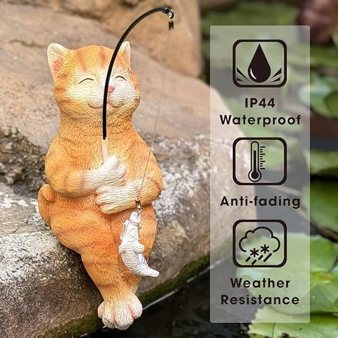 Cat Fishing Statue Garden Decor – 9.8" Weatherproof Resin Cat Fishing Sculpture Decor for Fish Ponds, Koi Ponds, Waterfalls, Poolside & Outdoor Gardens– Resin Figurine for Indoor & Outdoor Décor