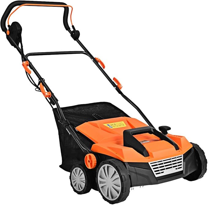 Goplus 2-in-1 Electric Corded Lawn Dethatcher with 5 Cutting Heights, 15-Inch 13 Amp Electric Scarifier w/ 13.5 Gallon Collection Bag, 2 Removable Blades for Garden Yard