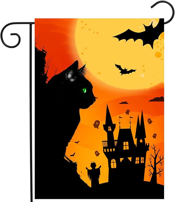 Black Cat Garden Flag 12 x 18 Halloween Cat with Green Eyes Decorative Flags for Outside Yard Decor Double Sided