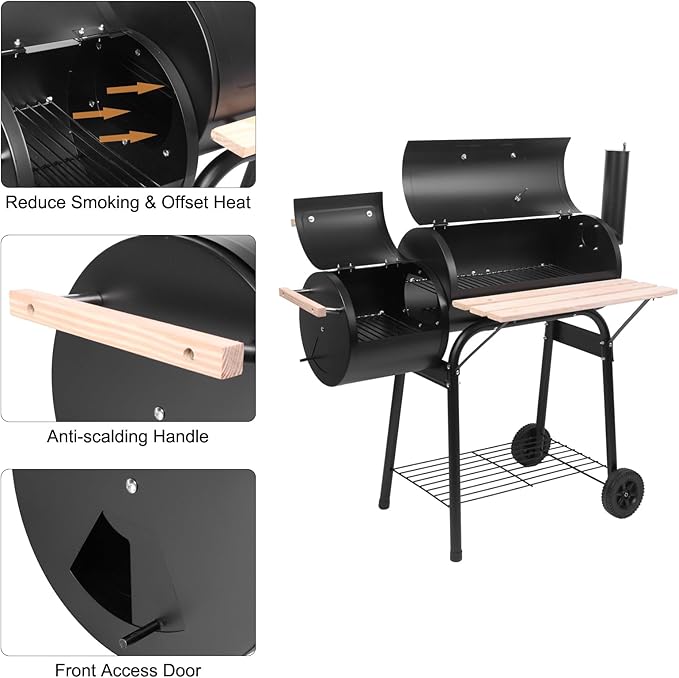 ROVSUN Charcoal Grill, Large Cooking Area of 433 Sq.In., Offset Smoker, Side Table, Perfect BBQ Grill for Indoor/Outdoor Picnic, Black
