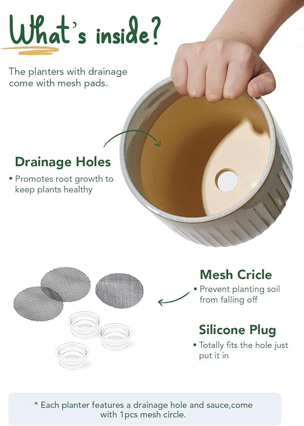 LE TAUCI Fluted Ceramic Planters Set of 3 – 8.3/7 / 5.7 in Blue Gray Reactive Cylinder Indoor Plant Pots with Drainage Plug & Mesh, Glossy Stoneware Flower Pots for Succulents Herbs