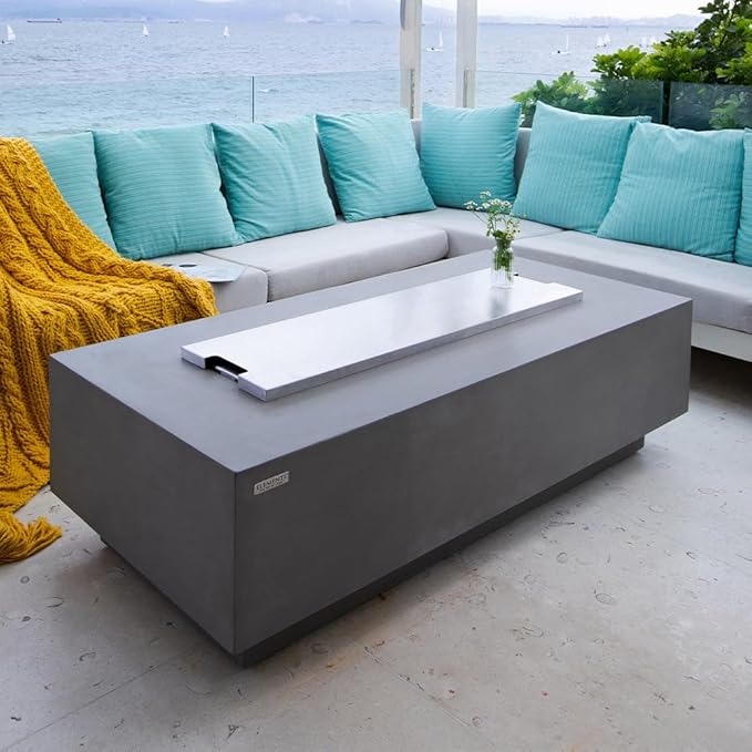 Granville Concrete Fire Pit 60" x 27" Outdoor Patio Firepit Includes Lava Rocks Modern Fire Pits & Outdoor Fireplaces for Garden, Deck, Indoor & Outdoor Heating