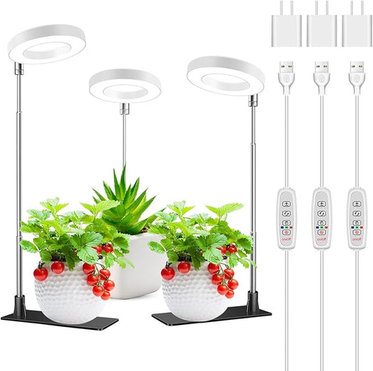 Grow Lights for Indoor Plants, 48 LEDs Full Spectrum Halo Plant Light for Indoor Plants, Height Adjustable Growing Lamp with Detachable Base, 3/9/12Hrs Timer, 10 Brightness, 3-Pack