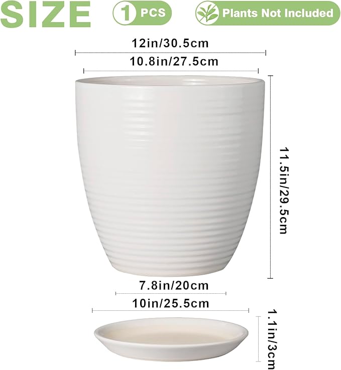 12 Inch Ceramic Planter Pot, Large Planter with Drainage Hole and Saucer Round Flower Pot for Indoor Outdoor Plants, White