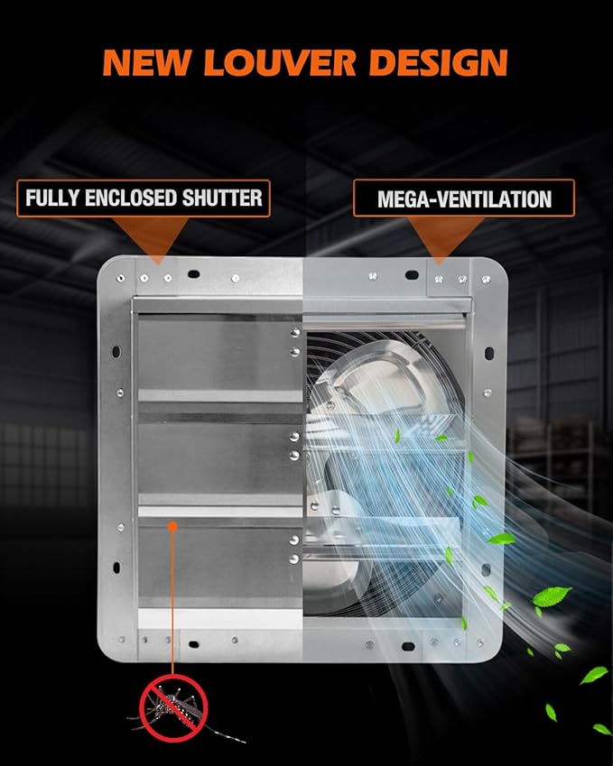 JVO 12 Inch Shutter Exhaust Fan 1450 CFM High-Powered Ventilation, Ideal for Attics, Greenhouses, Garages and Chicken Coops - Wall Mount for Easy Installation (No Power Cord Included)