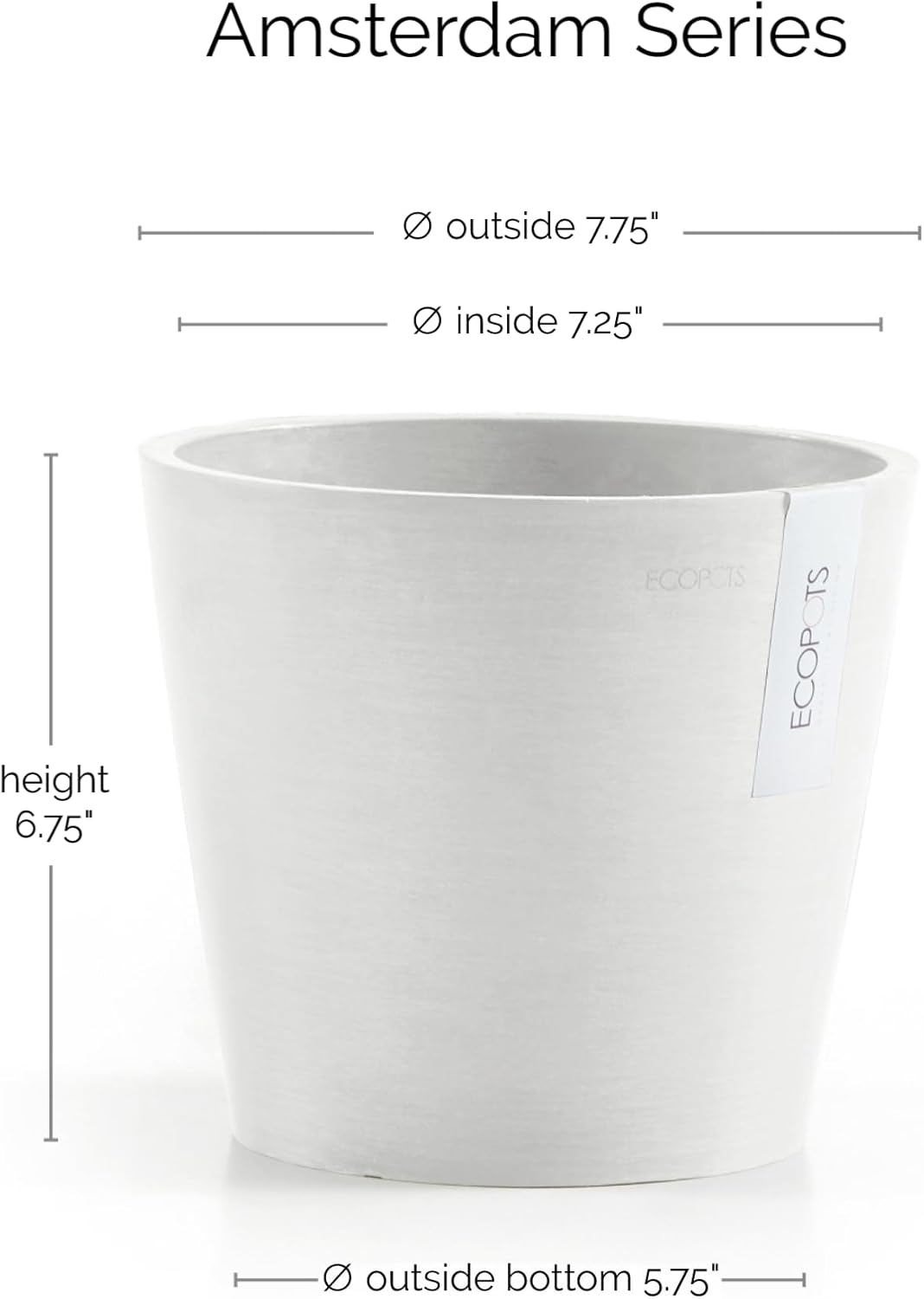 Ecopots Amsterdam Durable Modern Round Indoor/Outdoor Recycled-Based Composite Flower Pot Planter, Pure White, 8"