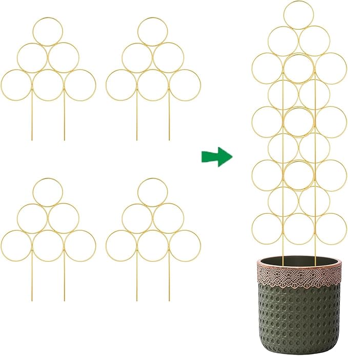 4 Pack Plant Trellis Indoor 15.7 Inch for climbing plants indoor Small Garden Trellis for Potted Plant Support Metal Wire Stackable Trellis Houseplant for Monstera Vines Lvy Pothos Accessories(4 gold)