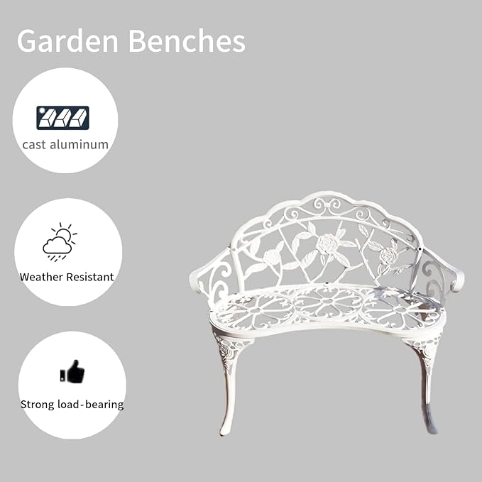 KAILI Garden Bench, Metal Aluminum Rose, Suitable for Garden Porch Park Front Porch Balcony Outdoor (White)
