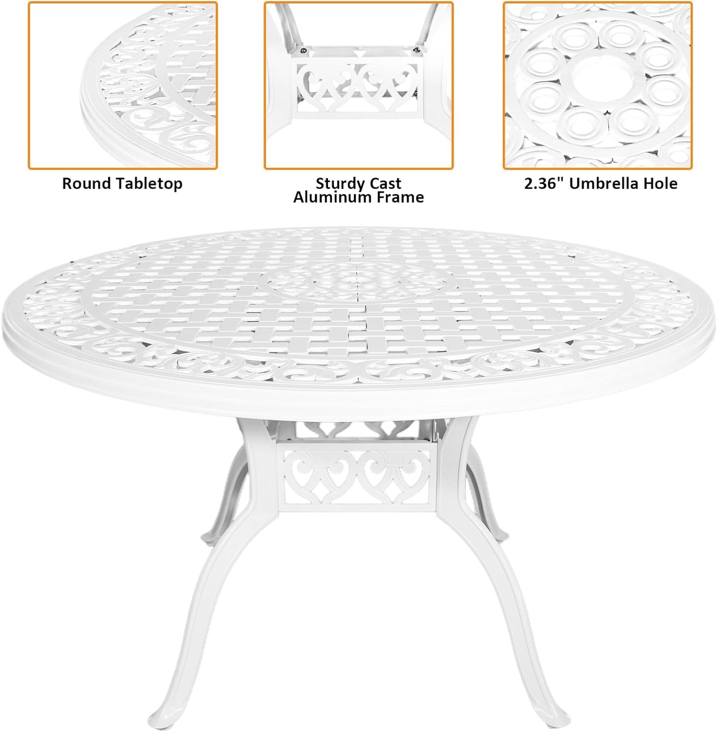 48" Round Patio Table for 6-8 Person Cast Aluminum Bistro Table with 2.36" Umbrella Hole,Metal Outdoor Dining Tables,Wrought Iron Patio Bistro Table,White Patio Table.