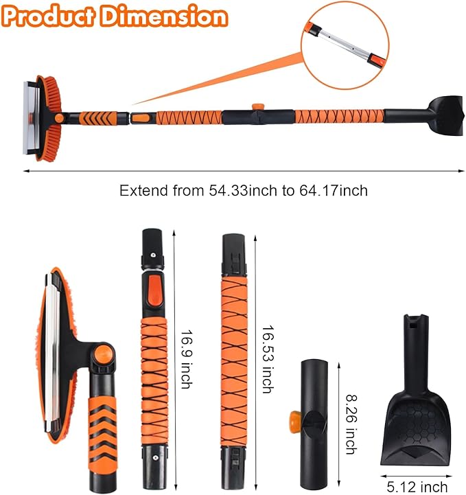Eazy2hD 3 in 1 Bendable Snow Brush with Ice Scrapers, 64.17" Extendable Window Ice Removal with Squeegee for Windshield, 180° Pivoting Brush Head Cleaner Tool for Car, Truck, SUV