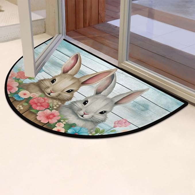 Easter Half Round Door Mat - Rabbit Spring Flower Semicircle Doormat, Non Slip Area Rug, Soft for Front Door, Indoor Entrance, Wear Resistant Welcome Mat for Garage, Patio, Home Decor - 24 x 36 In