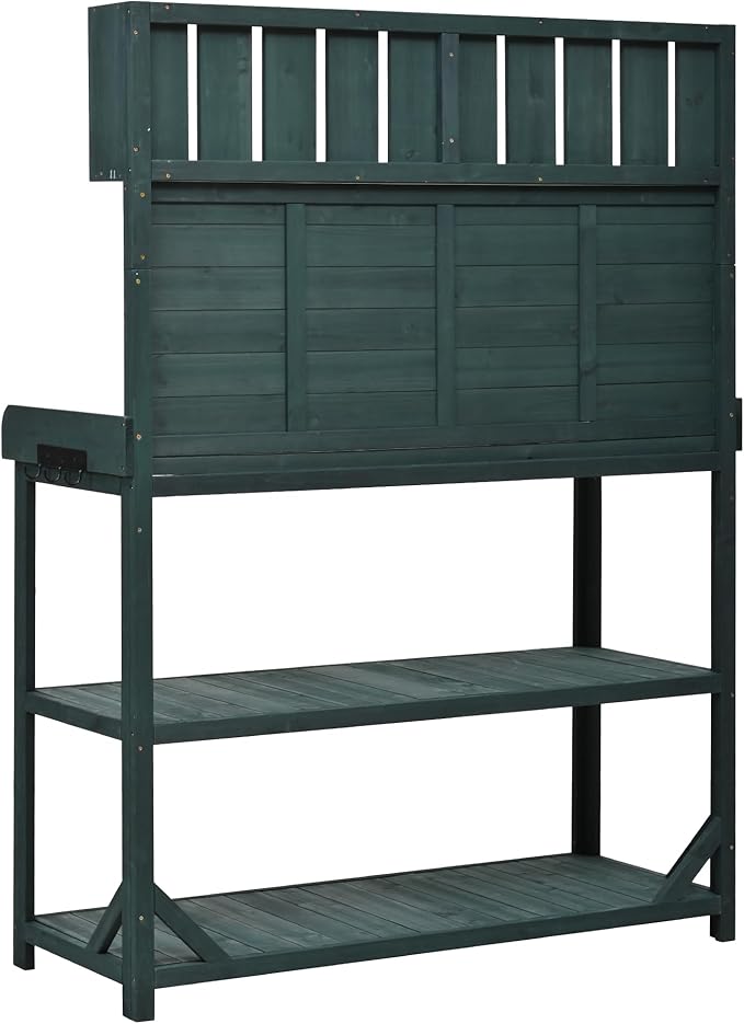 Harper & Bright Designs 65" Large Wooden Farmhouse Rustic Outdoor Potting Bench Table with 4 Storage Shelves and Side Hook, Patio Workstation, for Garden, Backyard, Forest Green