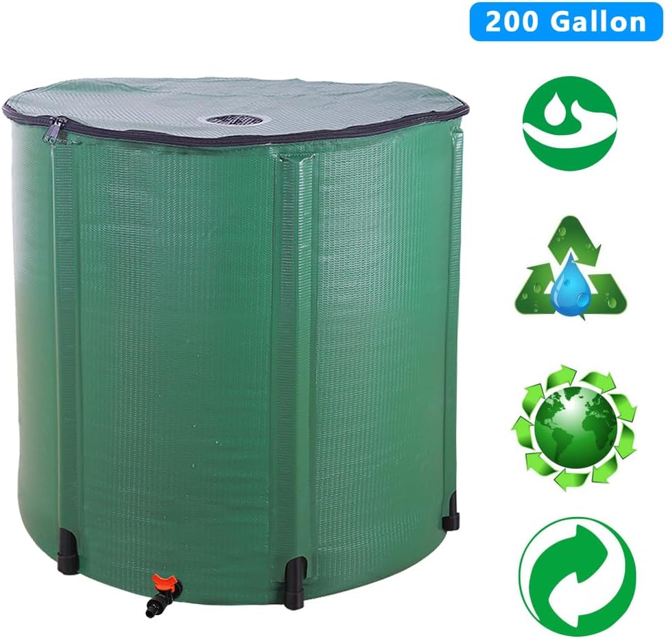 200 Gallon Collapsible Rain Barrel, Water Storage Tank, Portable Rainwater Collection System, Rain Catcher Barrel with Spigots and Overflow Kit, Rain Water Barrel Collector for Garden, Green