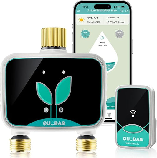 QUOBAS WiFi Sprinkler Timer with Brass Inlet & Outlet, 2-Zone Smart Water Timer for Garden Hose with APP Remote Control, Manual Watering, Rain Delay Watering, for Lawn, Garden