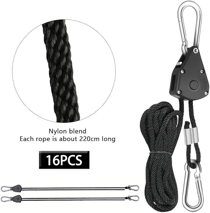 8 Pairs 1/8 Inch Adjustable Heavy Duty Ratchet Hanger Grow Light Fixtures Rope Clip Hangers Hanging Ropes for Gardening Grow Plant Fan Reflectors Filter Tent,150lbs Weight Capacity