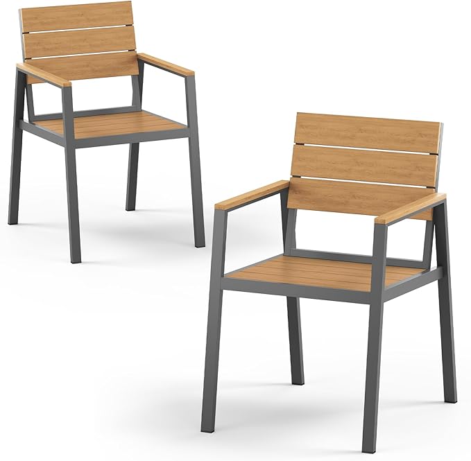 HDPS Outdoor Patio Dining Chairs Set of 2, 350LBS Capacity Aluminum Patio Dining Chairs with Armrests, Weather-Resistant for Lawn, Garden, Yard, Poolside and Indoor Use, Gray & Teak