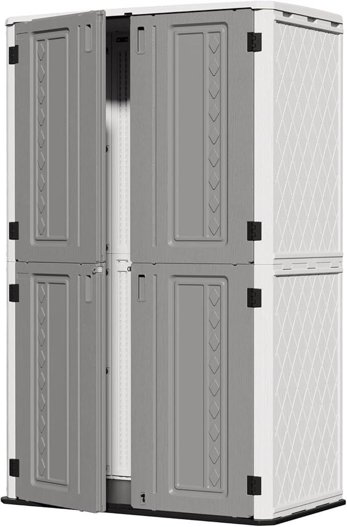 ZZM 67 Cuft Vertical Outdoor Storage Shed Diamond Texture Resin Outdoor Cabinet, 4x6 Sheds FT for Garden, Patio, Backyard, All-Weather Plastic Storage Clearance, Lockable with Floor (Grey-White)