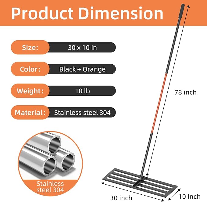 Lawn Leveling Rake 30"x10", Heavy-Duty Stainless Steel Yard Leveling Rake, Professional Soil Leveling Tool for Pastures, Golf Lawns, Gardens, Yards (Black)